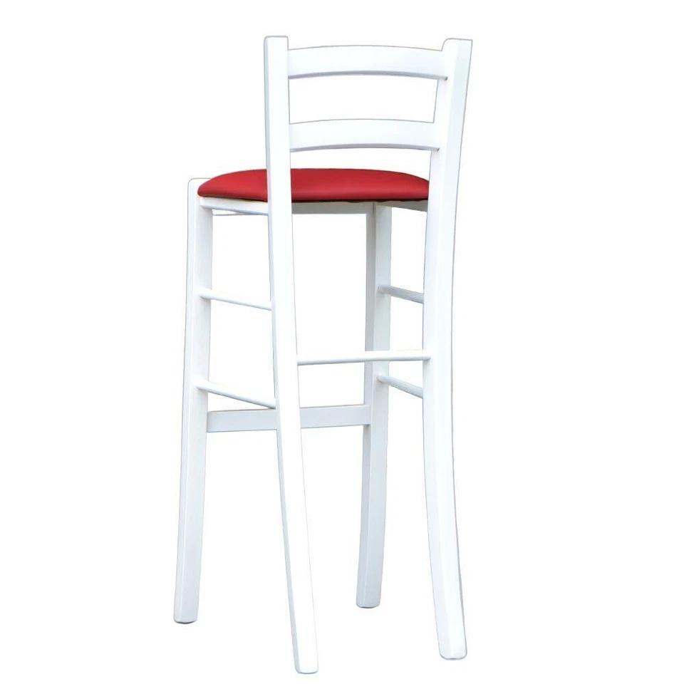 Tabouret De Bar En Bois Blanc Laqué Avec Assise En Similicuir Rouge H 80 Cm - Photo 3/4