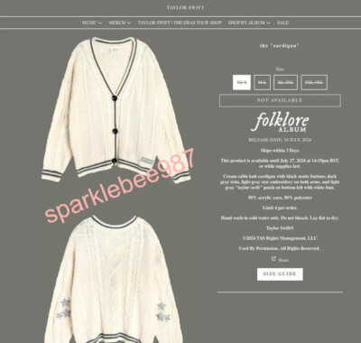 Folklore Cardigan Official Taylor Swift XS/SM XS / SM SMALL | eBay UK