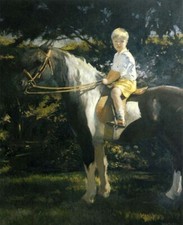 Oil painting Edmund-Tarbell-Edmund-on-His-Pony-Peanut little horseman boy horse