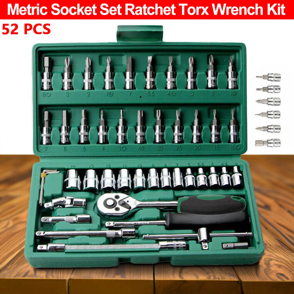 R52 Pieces Drive Socket Ratchet Wrench Bit Bits Repair Tools Tool Kit Auto Box