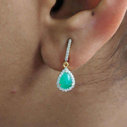 Diamond Pave 14K Gold Minimalist 1.36 ct Emerald Gemstone Earrings Fine Jewelry