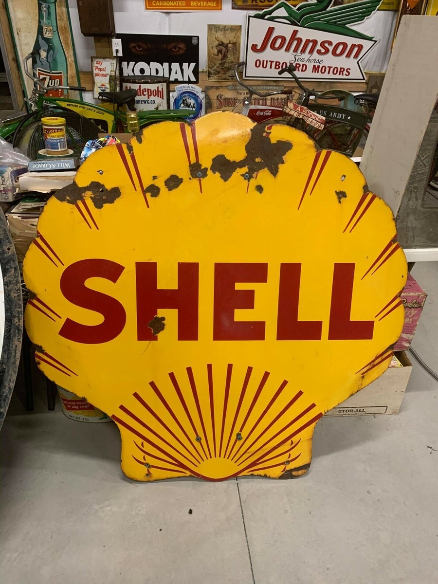 RARE Vintage Double Sided Porcelain DSP Shell Clamshell Sign GAS