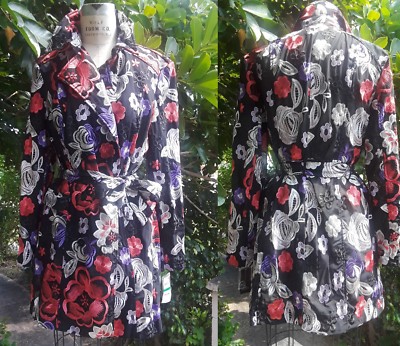 Trench Coat Black organza floral embroidered Womens size Large