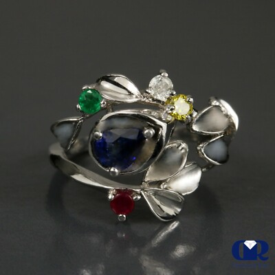 Natural 0.81 Ct Sapphire Ruby Emerald Diamond Cocktail Ring Right Hand Ring 14K