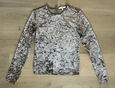 FRAME Crushed Velvet Long Sleeve Top Women s Medium Gray Silver Back Zip