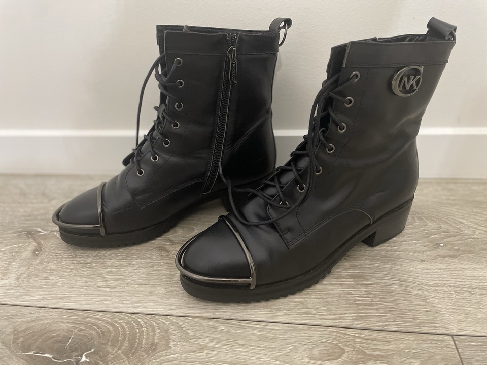 UGG Nok Women's Black Leather Combat Ankle Boots Faux Fur Lined AU 7