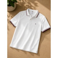 NWT Tommy Hilfiger Men Tipped Regular Short Sleeve Polo with Logo Fresh White, S