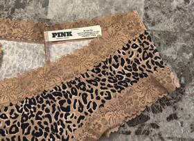 NWOT VICTORIA'S SECRET PINK BEIGE LEOPARD RIBBED KNIT FLORAL LACE CHEEKY PANTIES