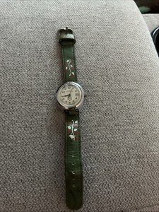 Vintage Timex Girl Scout Watch Green Leather With Flowers Band Tested/Works