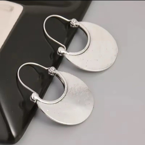 Round Hoop Earrings Bohemian Ethnic Antique Silver Plated Vintage Style - Picture 2 of 2