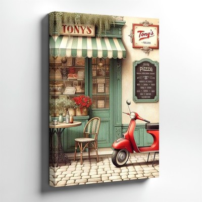 Wall Art Antique Style Italian Cafe Street Scene Red Scooter Contemporary Decor
