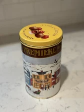Premiere Candy Company Cordial Cherries decorative tin with winter village scene
