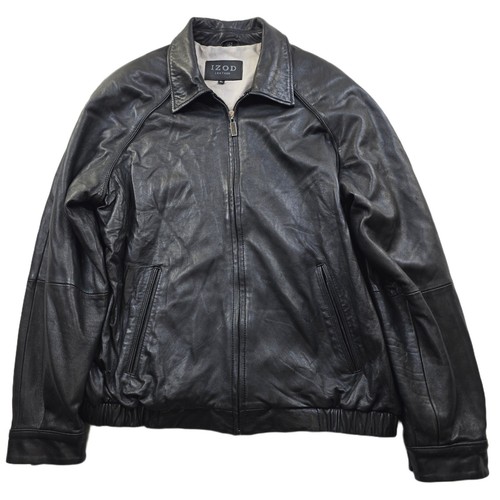 Izod, IZOD Leather Bomber Jacket Mens XL Black Zip Coat Raglan Buttery Soft! VTG