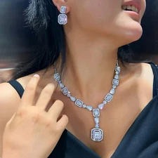 Silver Plated Long Drop Square Necklace Earrings Women Zircon Bridal Jewelry Set