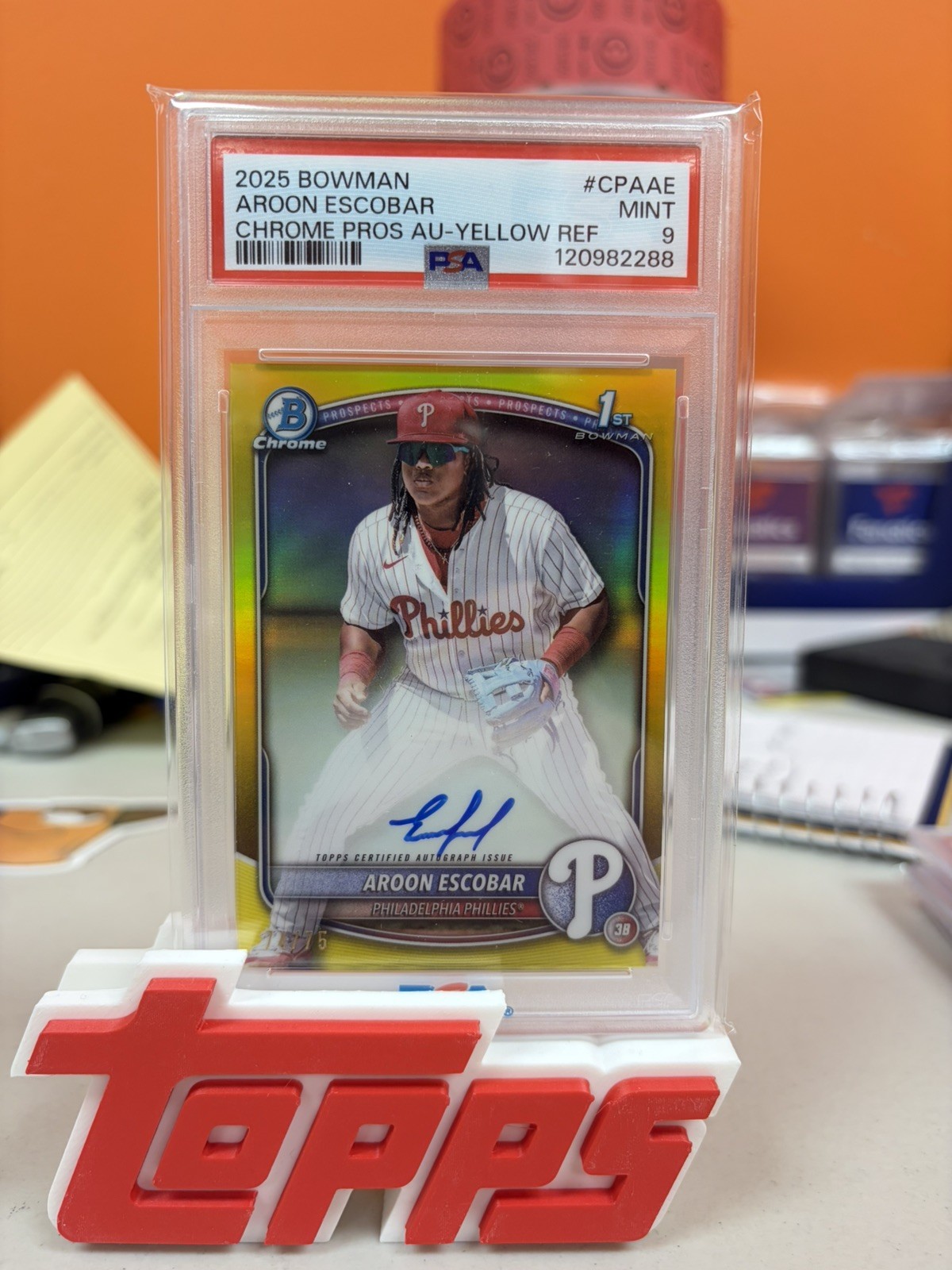 AROON ESCOBAR 2025 BOWMAN CHROME 1ST YELLOW REFRACTOR AUTO /75 PSA 9 Q2029