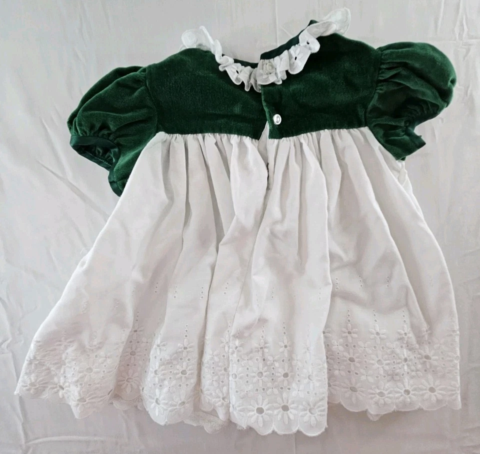 Vestido Toddle Tyke Bebé Niña Talla 12 Mos Verde Terciopelo Hecho en Vacaciones EE. UU. Ojales Foto 2 de 4
