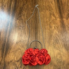 Red Satin Rosette Clutch Top Handle Formal Evening Black Tie Event Bag