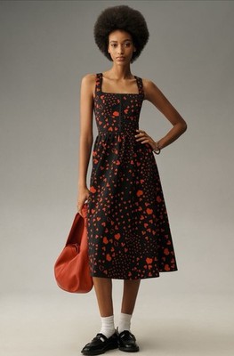 Anthropologie Avec Les Filles Midi Dress Red Hearts Love Boho Preppy Size 10 NWT