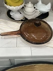 Vintage Pyrex Vision Corning Ware Amber 10" Glass Skillet W PURPLE LID EXCELLENT