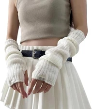 POHADON Fingerless Gloves for Women Long Sleeve Arm Warmers Y2k One Size White