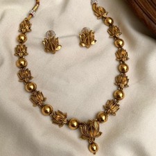 MH 4 Antique Gold Lotus Necklace Set Indian Traditional Jewelry Temple Style
