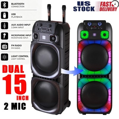 Dual 15'' Massive Speaker Wireless Mic TWS PA System Party Speaker LED Lights USB