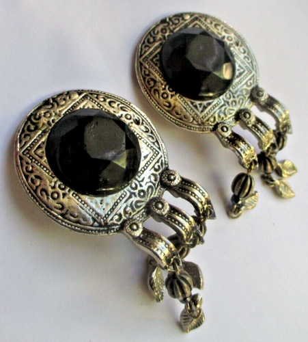 Boucles D'oreilles à Clips Camée Noir Et Blanc - Vintage, Couleur Argent, Occasion