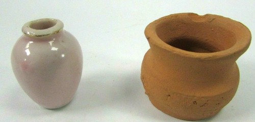 2 Vtg Doll House Painted Pink Floral Miniature Vase Japan & Terra Cotta Planter - Picture 3 of 6