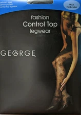 2 Pr George Control Top Rose Pattern Sheer Pantyhose -Black, Off White -4 sizes