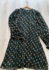 Calvin Klein Green Gold Jacquard Puff Sleeve Chiffon A-Line Dress Sz 4