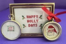 Christmas Needlepoint Lot Framed Picture 2 Ornaments HAPPY HOLLY DAYS SALE 
