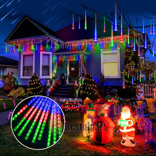 Luces solar de Meteoros Lluvia 144 LEDs 8 Tubos De Arbol Navidad Decoracion - Picture 3 of 15