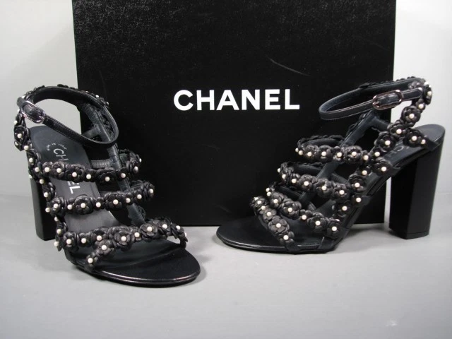 Chanel Dark Navy Lambskin Strappy Camellia Pearls Sandals Shoes Heels 36.5  New