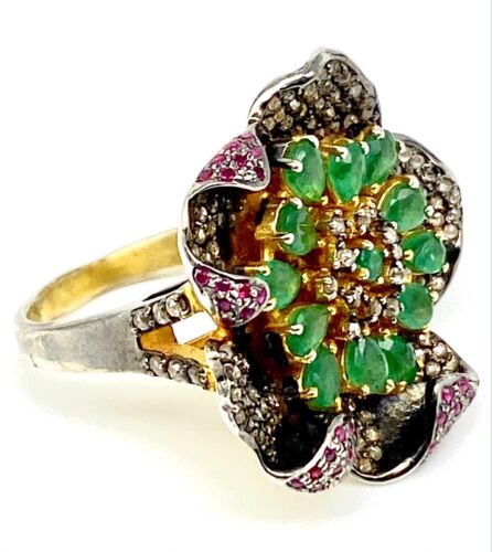 Anello Meher's Jewelry Smeraldo, Rubino e Champagne Diamante Bicolore Multi Gemma - Foto 2 di 4