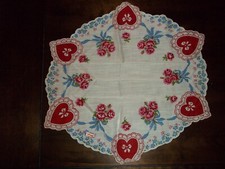 Vintage Round Burmel Hearts and Roses Handkerchief With Label