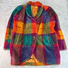 Vintage Donnybrook Womens L Oversized Rainbow Plaid Jacket Plush Faux Fur