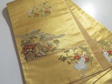 5114Y02z770 Japanese Kimono Silk FUKURO OBI Crane Gold 174.8x12.2