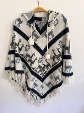 Tejidos Imalaya 100 Wool Winter Alpaca Poncho O/S Pom Fringed Hood Brushed