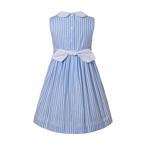 Holiday Cherry Smocked Dress Blue Striped Peter Pan Collar Sleeveless Dresses - Picture 4 of 13