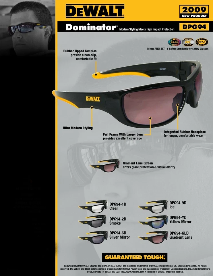 DEWALT DOMINATOR Gafas de Seguridad Protección Trabajo ESPEJO Gafas de Sol UV ANSI Z87+ Foto 4 de 4