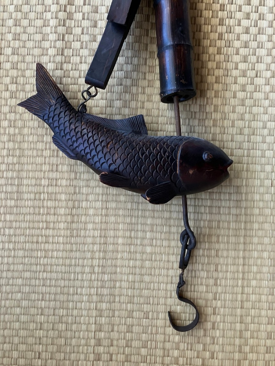 Japanese Vintage Jizaikagi Pot Hook with Hand-Carved Wooden Fish, 70in/180cm