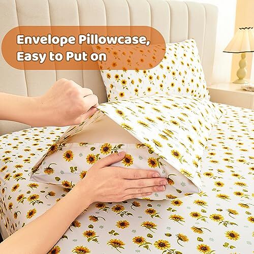 Floral Sheet Set Printed Bed Sheets Double, Brushed Microfiber Full Sunflower - Picture 6 of 8