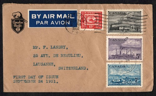 1951 Canada First Day Cover – Historic Transports Series–Airmail to Switzerland - Picture 2 of 3