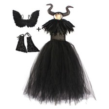 5Pcs Set Kids Maleficent Cosplay Costume Dress Headband Girls Outfit