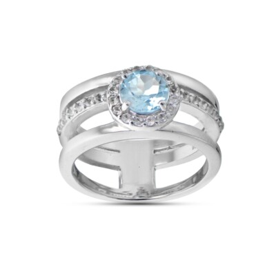 Sterling Silber Blautopas und Weißtopas dreireihiger Heiligenschein Ring, Größe 5
