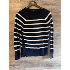 J Crew Sweater Sz Small Navy/White Stripe Cotton Crewneck Side Button Nautical