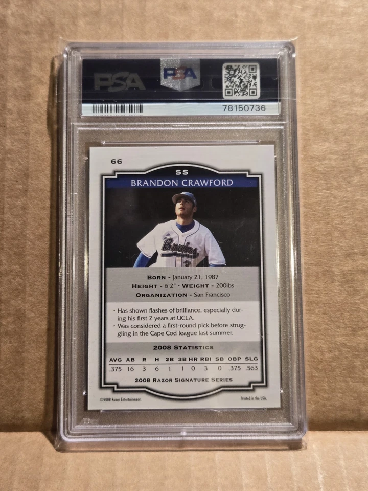 2008 Razor BRANDON CRAWFORD BLUE RC /25 PSA 9 Mint Color Match UCLA SF Giants - Image 3 of 4