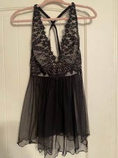 Victorias Secret L Black Babydoll Lingerie Lace Sheer Halter Sleepwear MINT