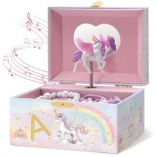 Unicorn Jewelry Box for Girls, Kids Initial Musical Jewelry Organizer with Spinn