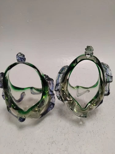 2 Vintage Art Glass Baskets Green Blue Murano Style Pair Of Decorative Vases